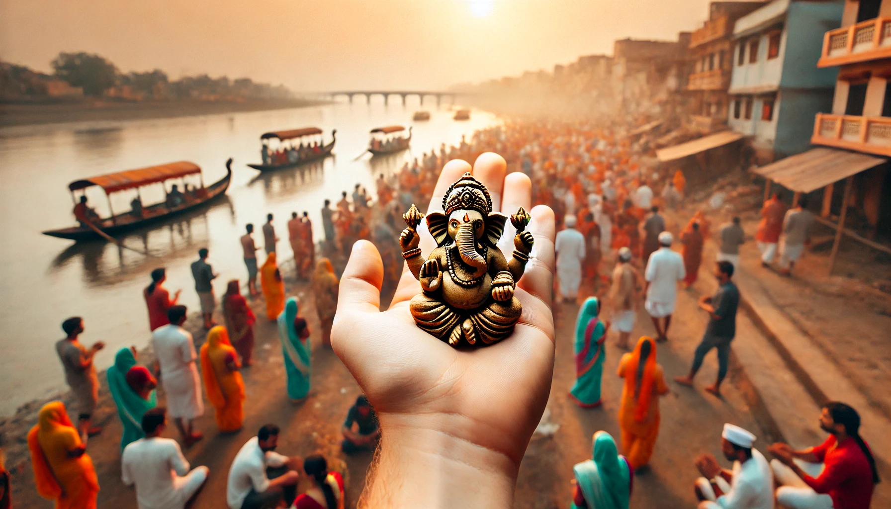 "Eco-friendly cow dung Ganesh idol held in the palm of a hand, with the Ganesh Visarjan festival taking place in the background. The image highlights the importance of sustainable and environmentally conscious choices during the festival."