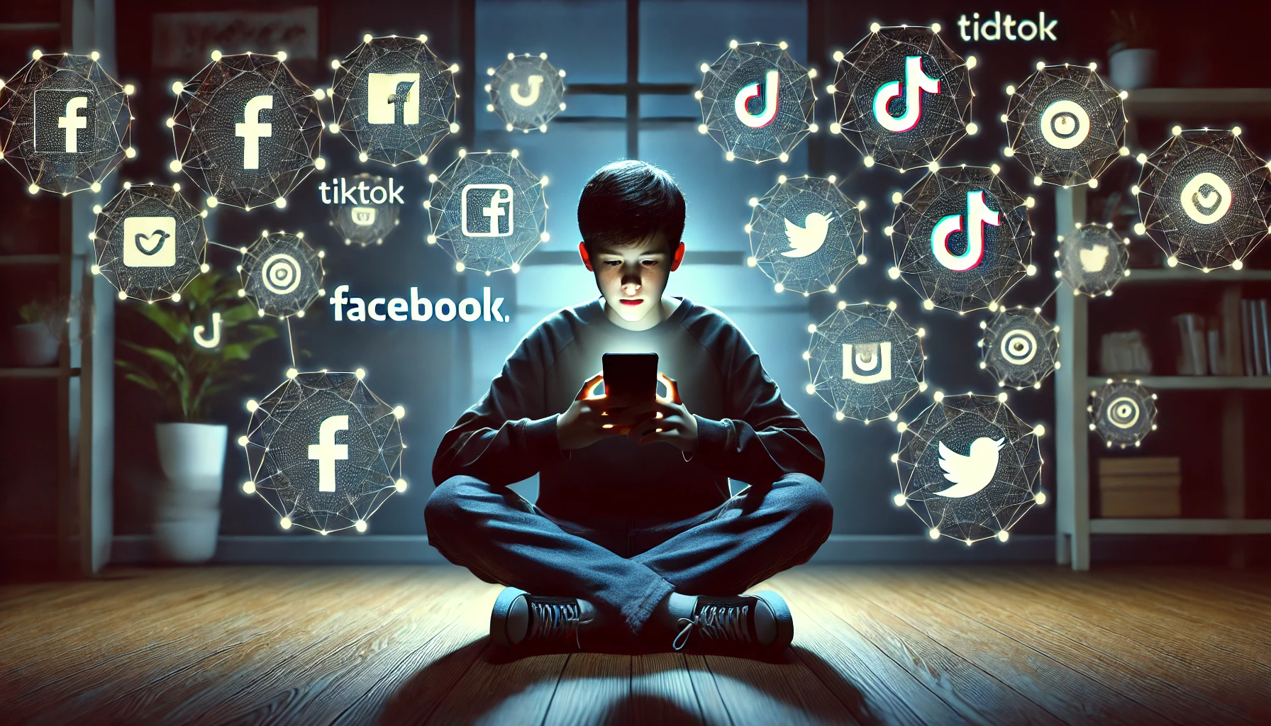 "A teenager around 16 years old sitting in a dimly lit room, holding a smartphone, with glowing social media logos like Facebook, Instagram, TikTok, Snapchat, and Reddit floating around them. The screen's glow illuminates the teenager's face, emphasizing the overwhelming presence of social media in their environment."